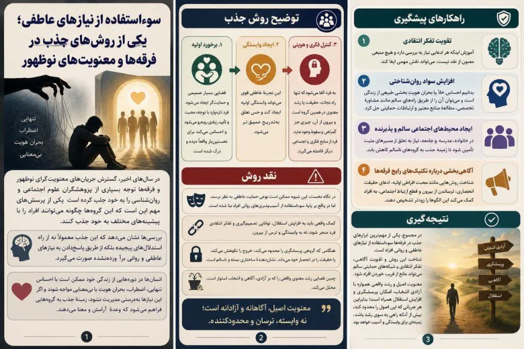 سوءاستفاده از نیازهای عاطفی؛ یکی از روشهای جذب در فرقهها و معنویتهای نوظهور فرقه ها، معنویت های نوظهور، ذهن شویی